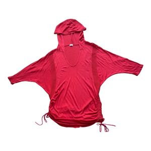 Splendid Red Supima Cotton Modal Batwing Cinch Side Hooded Tunic Top Small